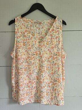 LOFT Outlet Floral Sleeveless V-Neck Blouse White Orange Yellow Women XL